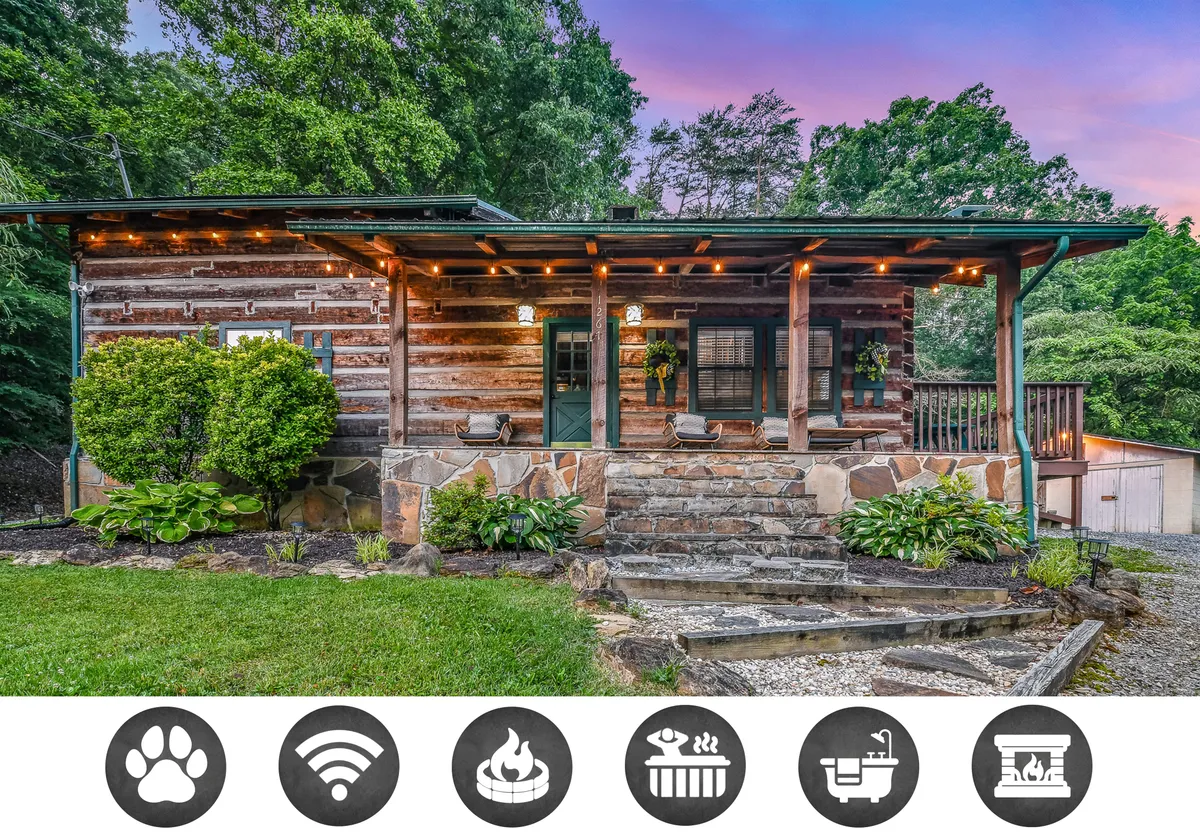 The hero image showcases a charming wooden log cabin nestled among lush greenery, with a stone pathway leading to a warmly lit porch. Decorative lights cast a glow over the inviting outdoor space, highlighting areas for relaxation and outdoor gatherings, all set against a tranquil natural backdrop.